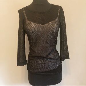 BKE Black Sheer Top with Metallic Accents
